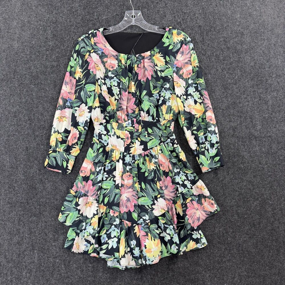 For Love & Lemons Dress Women's XS Black Floral Fit & Flare Long Sleeve Ruffle